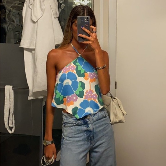 ZARA FLORAL HALTER TIE BACK CROP TOP FESTIVAL SMALL New - Picture 4 of 15